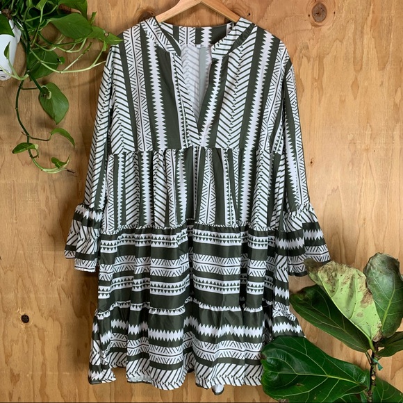 Dresses & Skirts - Boho Tribal Aztec Green and White Ruffle Dress